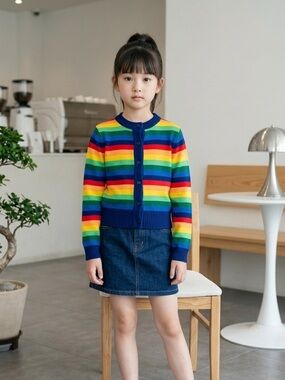 Vintage Kids 70s Primary Colors Rainbow Knit Cardigan Button Striped Boys Girl M